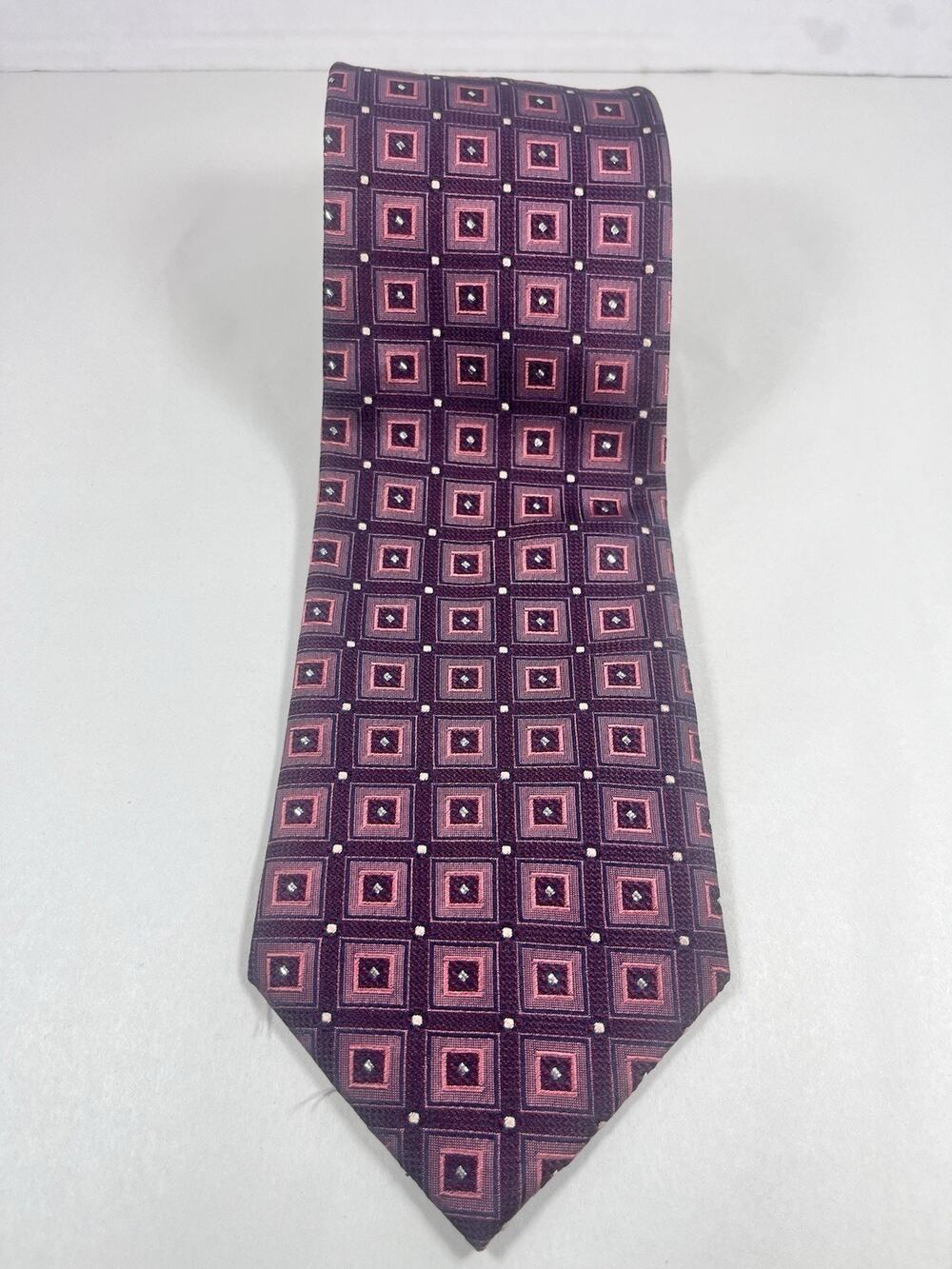 DAKS London Silk Necktie Purple Pink Square Geometric Pattern Vintage Men's Tie